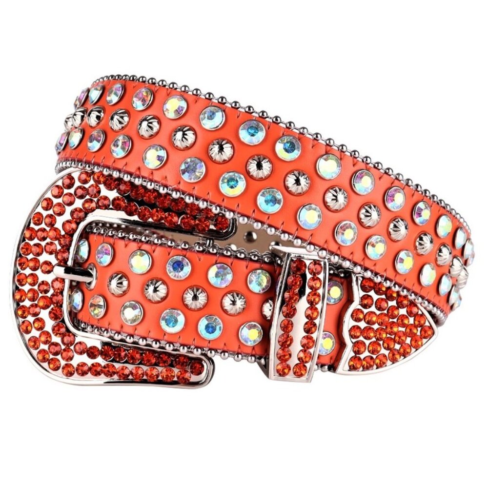 Rhinestone Belt–SUN030–Orange Belt, Multi-Colored Rhinestones & Silver Studs